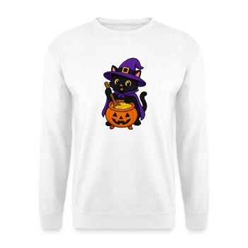 Schwarze Katzenhexe braut einen leuchtenden Trank - Unisex Pullover - Weiß - Vorne - Alina (178cm) & Michal (187cm)