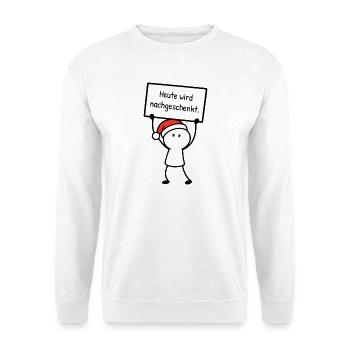 Heute wird nachgeschenkt. | Weihnachtshumor - Unisex Pullover - Weiß - Vorne - Alina (178cm) & Michal (187cm)
