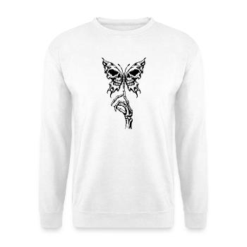 Gotische Skelett-Schmetterling und Knochenhand - Unisex Pullover - Weiß - Vorne - Alina (178cm) & Michal (187cm)