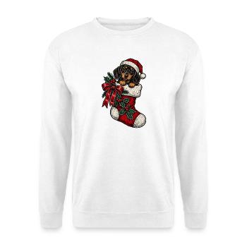 Weihnachts-Dackel im Sockenkostüm - Unisex Pullover - Weiß - Vorne - Alina (178cm) & Michal (187cm)