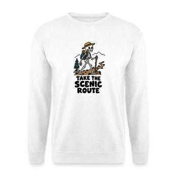 Nimm die Scenic Route – Lustiges Wanderskelett - Unisex Pullover - Weiß - Vorne - Alina (178cm) & Michal (187cm)