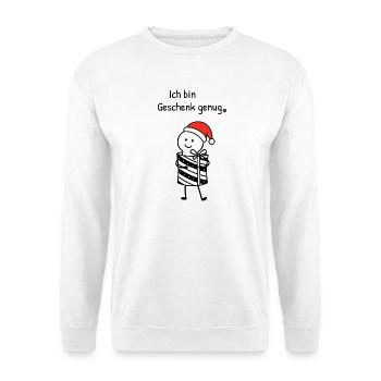 Ich bin Geschenk genug | Weihnachtshumor mit Figur - Unisex Pullover - Weiß - Vorne - Alina (178cm) & Michal (187cm)