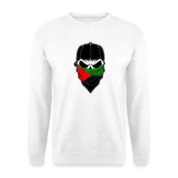 Stilisierter Martinique-Bandana-Schädel - Unisex Pullover - Weiß - Vorne - Alina (178cm) & Michal (187cm)