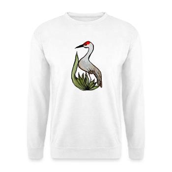 Kranich in Aquarell Pflanzenlandschaft - Unisex Pullover - Weiß - Vorne - Alina (178cm) & Michal (187cm)