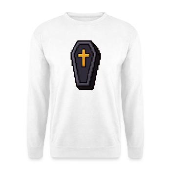Pixel-Sarg mit goldenem Kreuz - Unisex Pullover - Weiß - Vorne - Alina (178cm) & Michal (187cm)