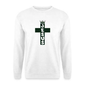 Jesus Kreuz mit Krone Motiv - Unisex Pullover - Weiß - Vorne - Alina (178cm) & Michal (187cm)