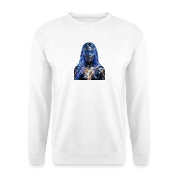 Neon-Cyborg mit erleuchtetem Herzen - Unisex Pullover - Weiß - Vorne - Alina (178cm) & Michal (187cm)