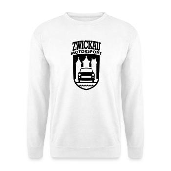 Trabi Motorsport Zwickau Wappen (Farbe änderbar) - Unisex Pullover - Weiß - Vorne - Alina (178cm) & Michal (187cm)