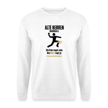 Alte Herren Handball – Die Knie sagen nein - Unisex Pullover - Weiß - Vorne - Alina (178cm) & Michal (187cm)