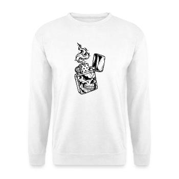 Schädel in einem brennenden Feuerzeug – makabre Gotik - Unisex Pullover - Weiß - Vorne - Alina (178cm) & Michal (187cm)