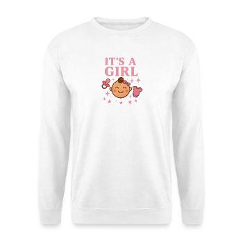 Es ist ein Mädchen — Babyglück Pink - Unisex Pullover - Weiß - Vorne - Alina (178cm) & Michal (187cm)