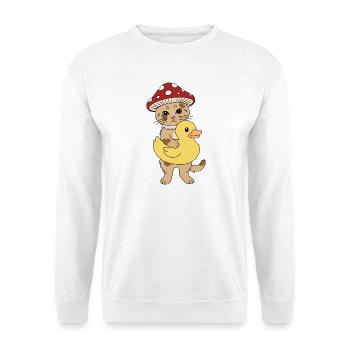 Süße Pilzkatze mit Ente - Unisex Pullover - Weiß - Vorne - Alina (178cm) & Michal (187cm)