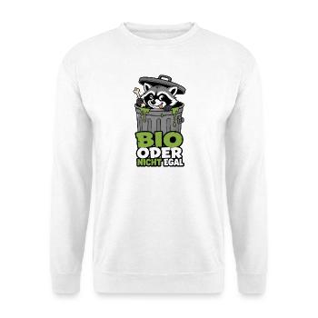 Bio oder nicht egal – Waschbär Mülltonne Shirt - Unisex Pullover - Weiß - Vorne - Alina (178cm) & Michal (187cm)