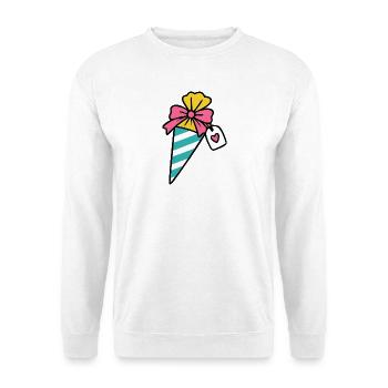 Schultüte mit Herz-Anhänger - Unisex Pullover - Weiß - Vorne - Alina (178cm) & Michal (187cm)