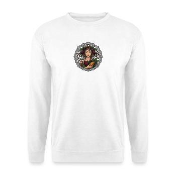 Schokoladengöttin im Blätterkranz - Unisex Pullover - Weiß - Vorne - Alina (178cm) & Michal (187cm)
