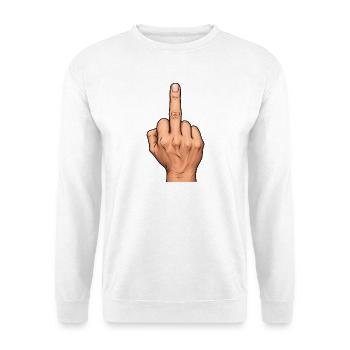 Mittelfinger Grafik – Provokantes Zeichen - Unisex Pullover - Weiß - Vorne - Alina (178cm) & Michal (187cm)