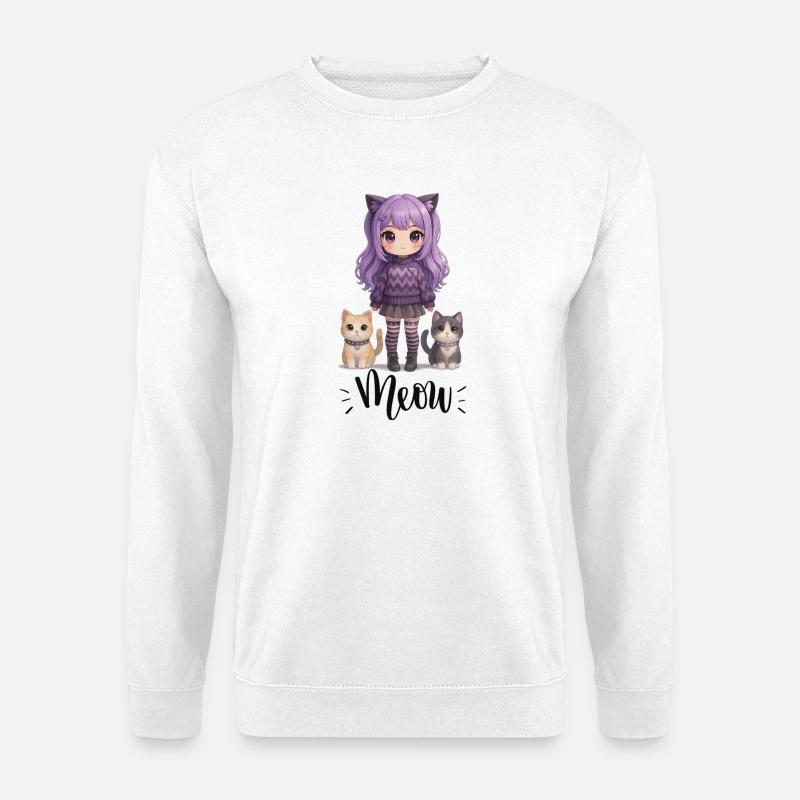 Kawaii Meow Mädchen mit Katzen - Unisex Pullover - Weiß