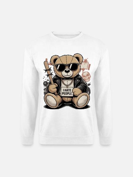 Bad Teddy – I Hate People Bär Design - Unisex Pullover - Weiß