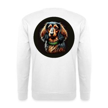 Langhaar Dackel Porträt mit Grünem Halsband - Unisex Pullover - Weiß - Hinten