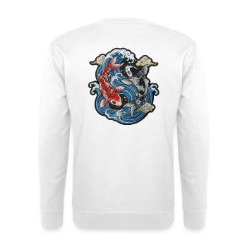 Koi in Wellen: Sereni-Stickerei - Unisex Pullover - Weiß - Hinten