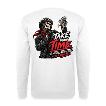 Perfektion zu bewundern ist ein Privileg - Unisex Pullover - Weiß - Hinten - Michal (187cm)