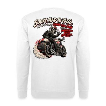 Kosmische Kollision – Komisches Biker-Überholen - Unisex Pullover - Weiß - Hinten - Michal (187cm)