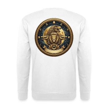 Goldene Medaillon mit Löwe, T-Rex und Krokodilen - Unisex Pullover - Weiß - Hinten - Michal (187cm)