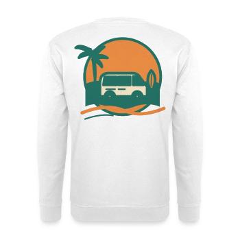 Sonnenuntergang Surfbus am Strand - Unisex Pullover - Weiß - Hinten - Michal (187cm)