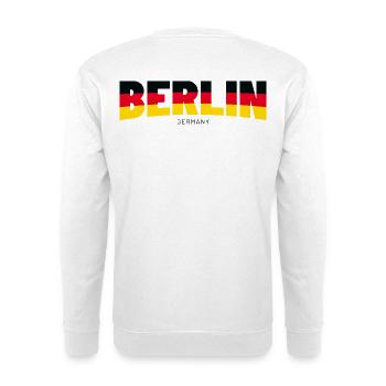 Berlin Schriftzug in Flaggenfarben - Unisex Pullover - Weiß - Hinten - Michal (187cm)