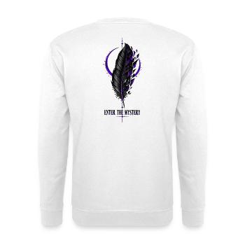 Lila-schwarze Feder (Vollgröße auf der Rückseite) - Unisex Pullover - Weiß - Hinten - Michal (187cm)
