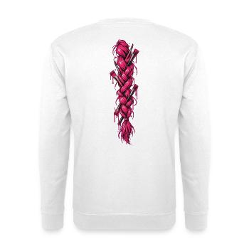 Pinker Zopf mit Pinsel - Unisex Pullover - Weiß - Hinten - Michal (187cm)