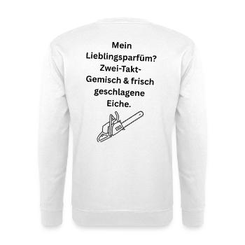 Mein Lieblingsparfüm? Zwei-Takt-Gemisch & frisch g - Unisex Pullover - Weiß - Hinten - Michal (187cm)
