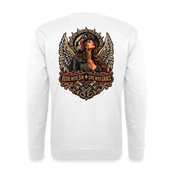 Flügelbikerin: Ride with Sin - Unisex Pullover - Weiß - Hinten - Michal (187cm)