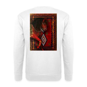 Rotes Pferd auf geometrischem Teppich - Unisex Pullover - Weiß - Hinten - Michal (187cm)
