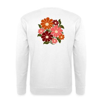 Retro Blumen – Flower Power in Orange und Rosa - Unisex Pullover - Weiß - Hinten - Michal (187cm)
