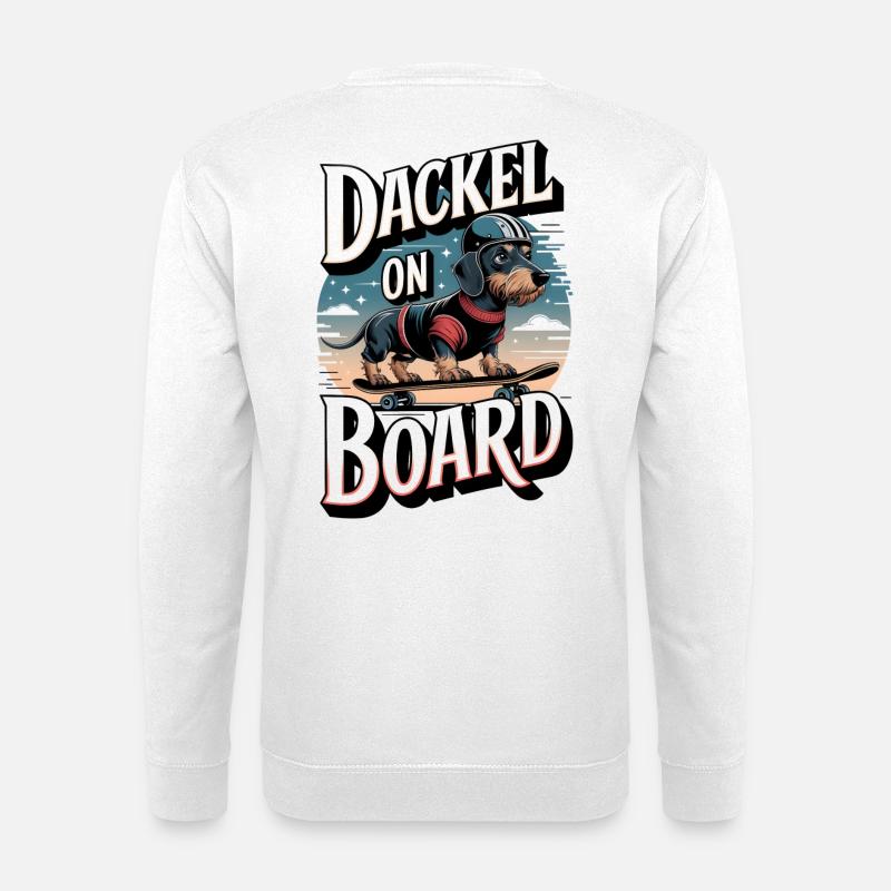 Dackel on Board Rauhaardackel auf dem Skateboard - Unisex Pullover - Weiß
