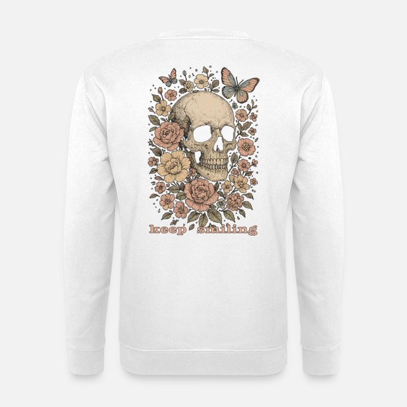 Keep smiling - Totenkopf & Blumen - Unisex Pullover - Weiß