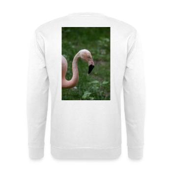 Nahaufnahme eines rosa Flamingos vor Grün - Unisex Pullover - Weiß - Hinten - Michal (187cm)