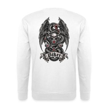 Biker – Totenkopf, Schlange & dunkle Flügel - Unisex Pullover - Weiß - Hinten - Michal (187cm)
