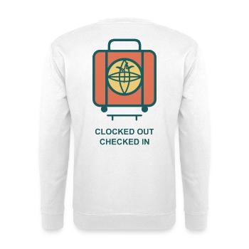 Clocked Out Checked In Koffer - Unisex Pullover - Weiß - Hinten - Michal (187cm)