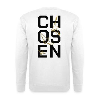 Chosen Schriftzug Vögel Tattoo Gold - Unisex Pullover - Weiß - Hinten - Michal (187cm)