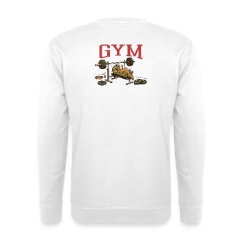 T-Rex Bankdrücken Gym Dinosaurier Humor - Unisex Pullover - Weiß - Hinten - Michal (187cm)