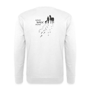 Never walk alone - Hund Pferd Reiter, Backprint - Unisex Pullover - Weiß - Hinten
