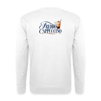 Freddo Cappuccino Schrift mit Eiskaffee - Unisex Pullover - Weiß - Hinten - Michal (187cm)