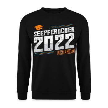 Seepferdchen 2022 bestanden Prüfung Abzeichen - Unisex Pullover - Schwarz - Vorne - Alina (178cm) & Michal (187cm)