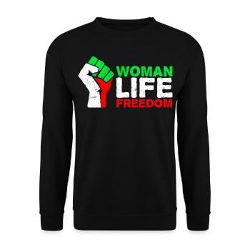 Woman, Life, Freedom | Free Iran! | Mit Flagge - Unisex Pullover - Schwarz - Vorne - Alina (178cm) & Michal (187cm)