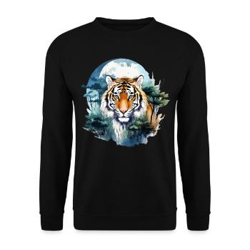 Tiger Raubkatze Natur Wald Mond Nacht Aquarell - Unisex Pullover - Schwarz - Vorne - Alina (178cm) & Michal (187cm)