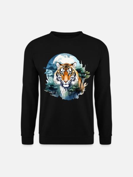 Tiger Raubkatze Natur Wald Mond Nacht Aquarell - Unisex Pullover - Schwarz