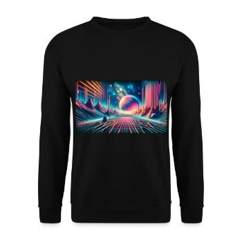 Neon Dreamscape Odyssey – Synthwave Surrealismus Wid - Unisex Pullover - Schwarz - Vorne - Alina (178cm) & Michal (187cm)