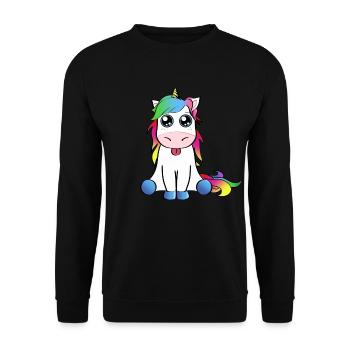 Regenbogen Einhorn Geschenkidee streckt Zunge raus - Unisex Pullover - Schwarz - Vorne - Alina (178cm) & Michal (187cm)